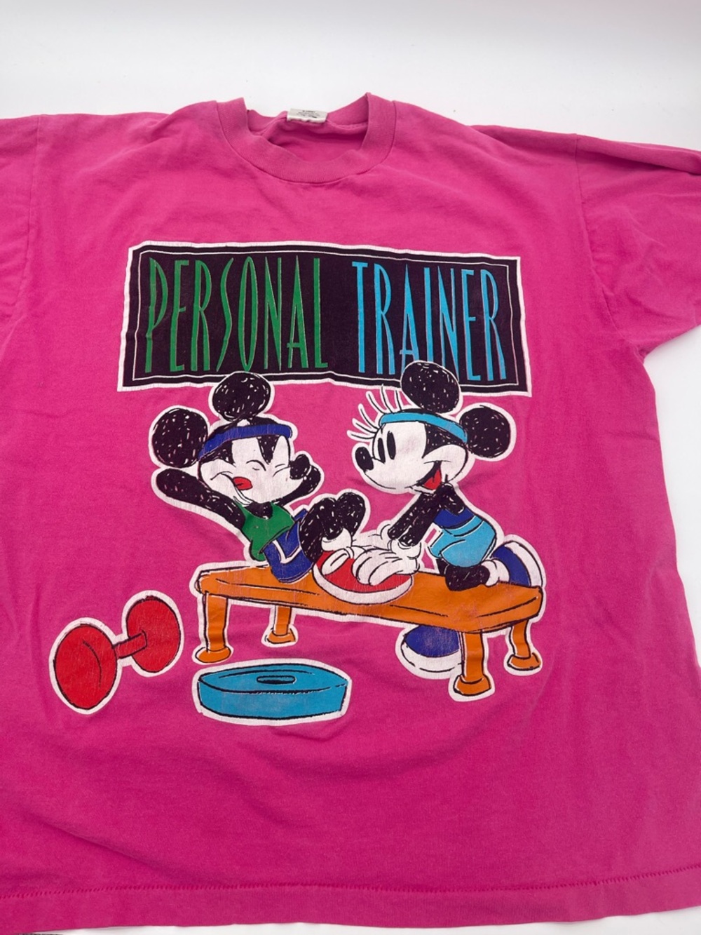 Vtg 90s Disney Mickey Minnie Personal Trainer Single Stitch Shirt One Size Pink